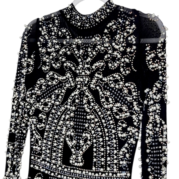 Akira Rare Chunky Beaded Pearl and Bling Gold Accent Mock Neck Dress - Picture 2 of 6